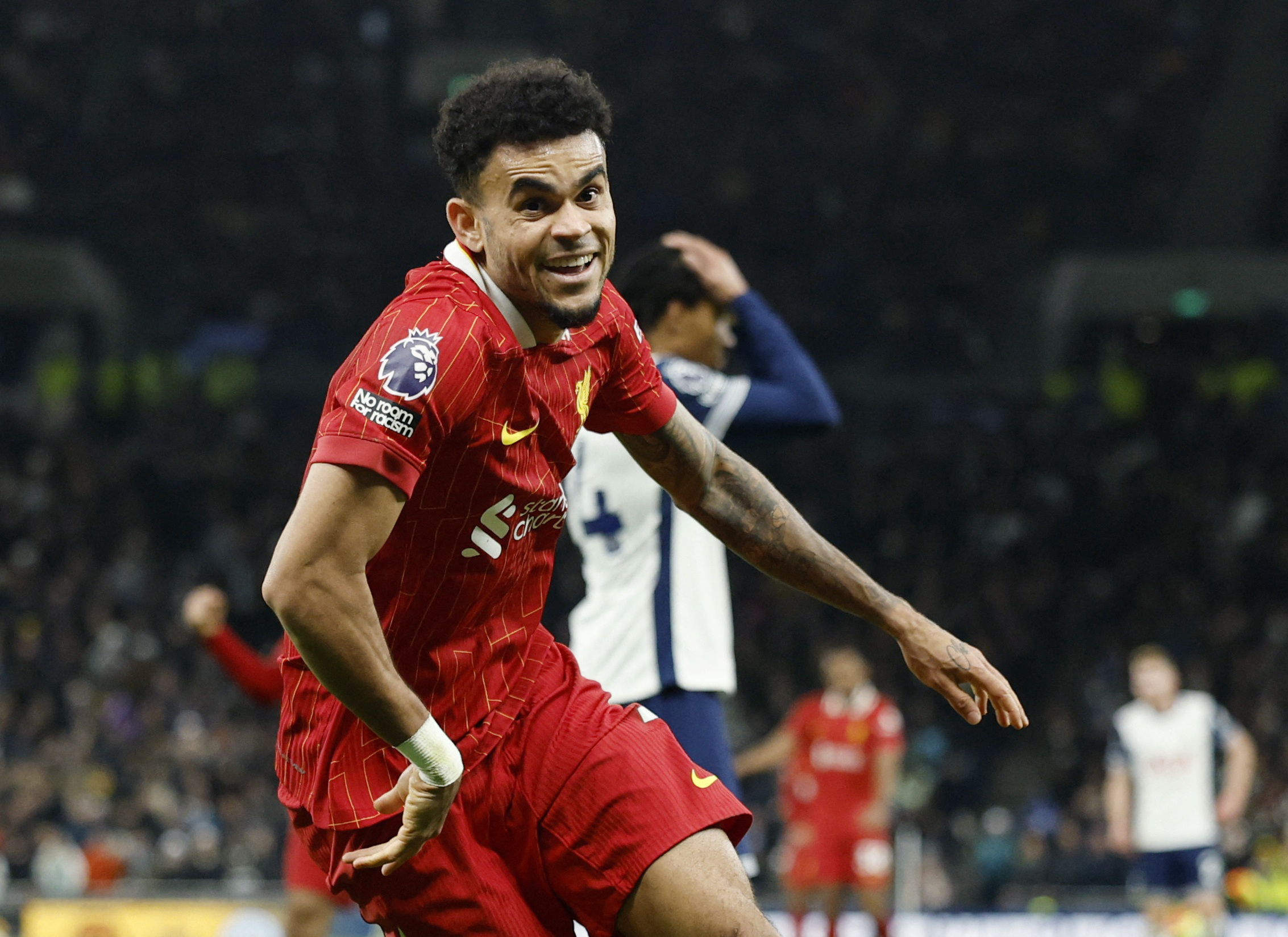 Soccer Football - Premier League - Tottenham Hotspur v Liverpool - Tottenham Hotspur Stadium, London, Britain - December 22, 2024 Liverpool's Luis Diaz celebrates scoring their sixth goal Action Images via Reuters