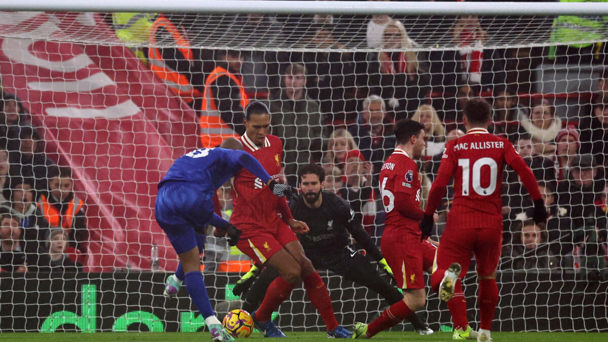Soccer Football - Premier League - Liverpool v Leicester City - Anfield, Liverpool, Britain - December 26, 2024 Leicester City's Jordan Ayew scores their first goal REUTERS
