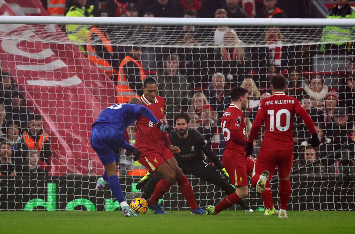 Soccer Football - Premier League - Liverpool v Leicester City - Anfield, Liverpool, Britain - December 26, 2024 Leicester City's Jordan Ayew scores their first goal REUTERS