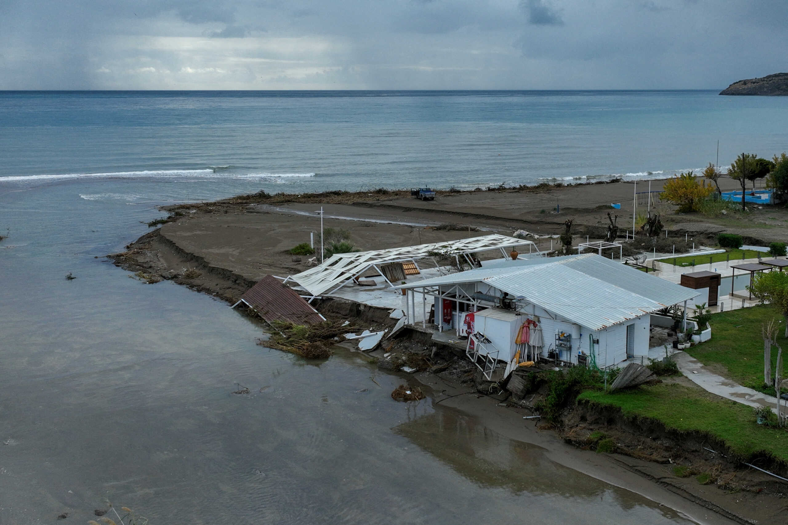 A drone view of a damaged hotel, following floods caused by Storm Bora, in Faliraki, on the island of Rhodes, Greece, December 2, 2024. REUTERS