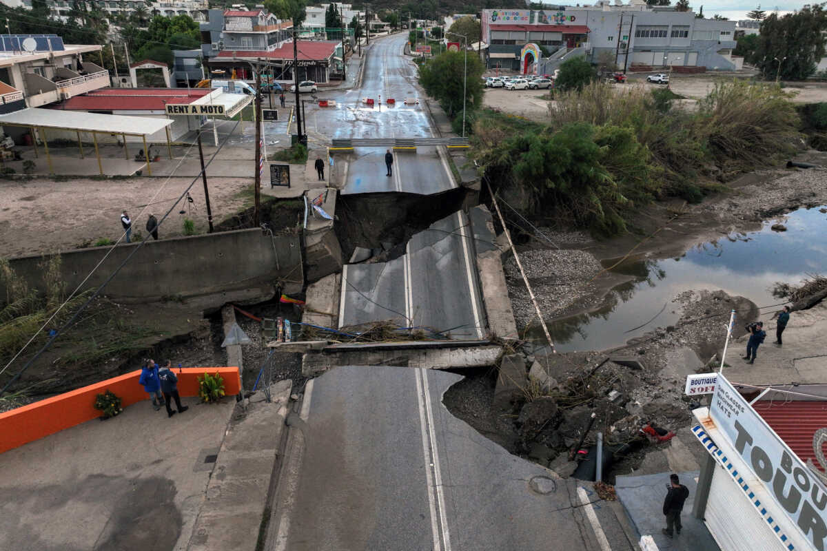 A drone view shows a damaged bridge following floods caused by Storm Bora, in Faliraki, on the island of Rhodes, Greece, December 2, 2024. REUTERS