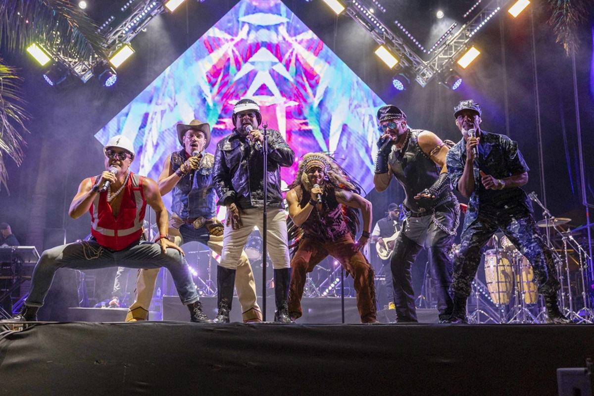 epa10772434 The 'Village People' perform on stage during the Alan Turing LGTBIQ+ awards gala, as part of 6th Culture & Business Pride, at the Guimera theatre in Santa Cruz de Tenerife, Canay Islands, Spain, 27 July 2023.  EPA