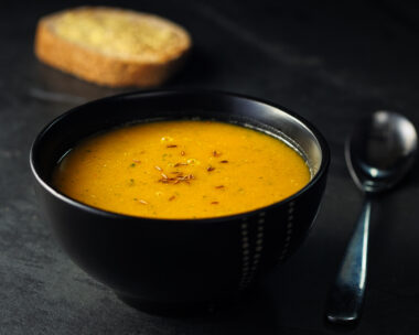 Home made freshness butternuts squash and red lentils soup with cumin and red chilli