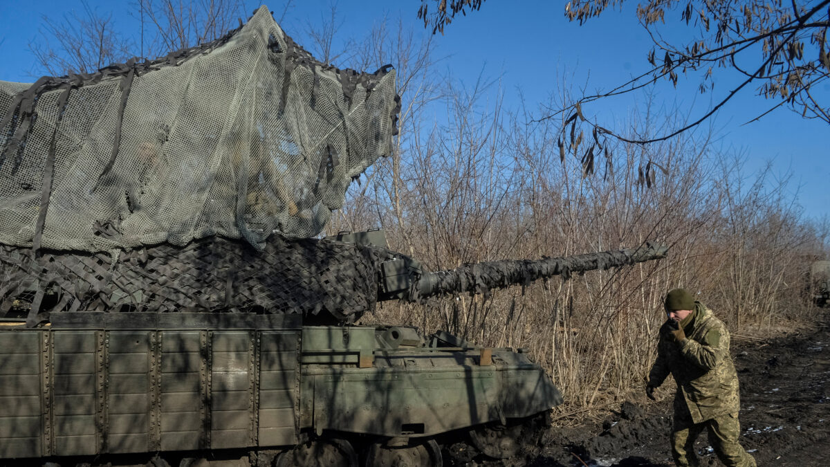 Ukrainian servicemen operate a Leopard 1A5 tank in Donetsk region