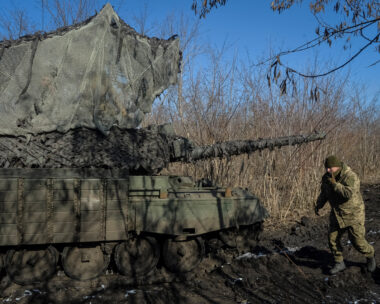 Ukrainian servicemen operate a Leopard 1A5 tank in Donetsk region