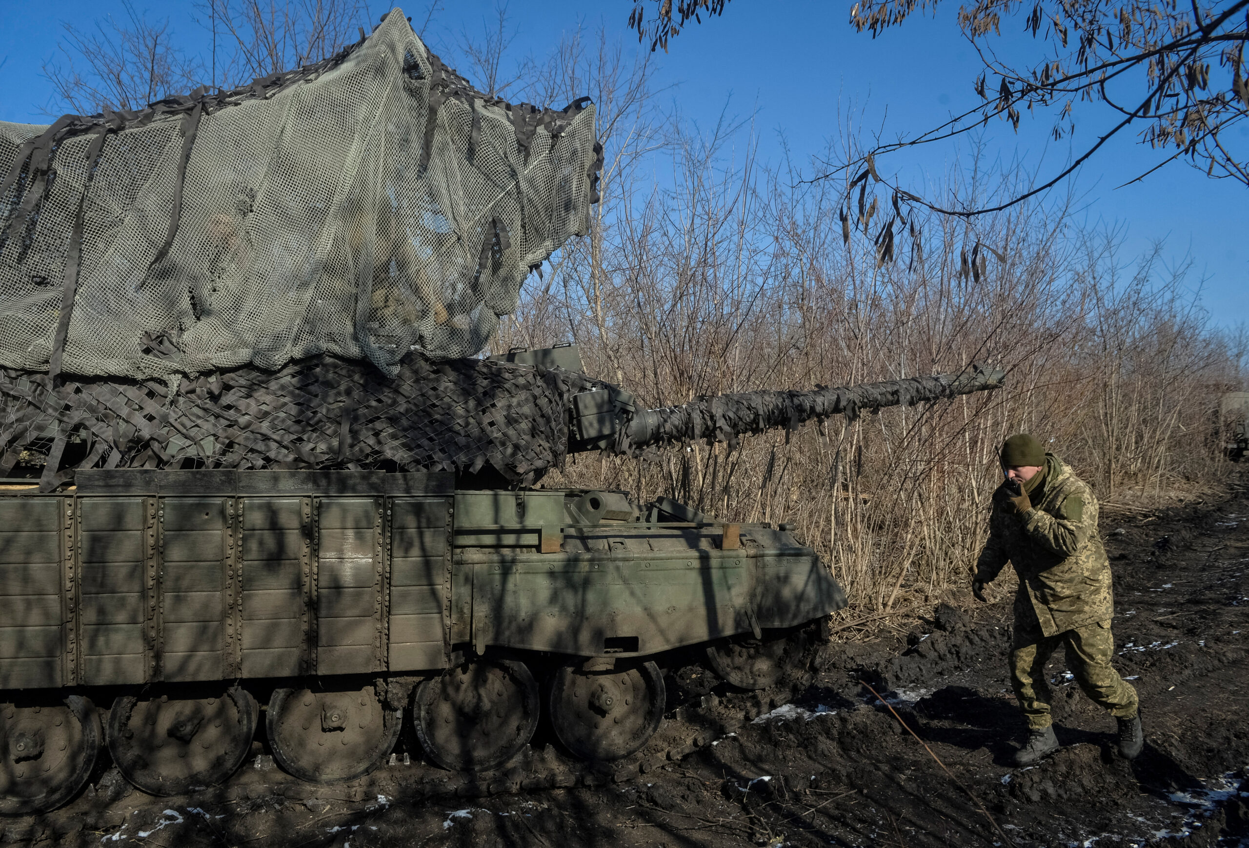 Ukrainian servicemen operate a Leopard 1A5 tank in Donetsk region