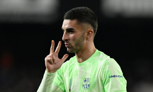 Soccer Football - Copa del Rey - Quarter Final - Valencia v FC Barcelona - Estadio de Mestalla, Valencia, Spain - February 6, 2025 FC Barcelona's Ferran Torres celebrates scoring their fourth goal to complete his hat-trick REUTERS