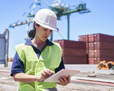 Female engineer sitting on ship dock while using digital tablet
