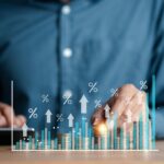 Stacking money coins with virtual percentage icons