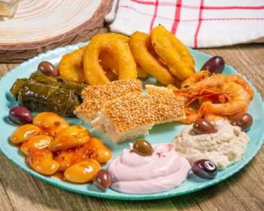 Greek traditional fasting food .Olives,beans,seafoods,traditional salads and bread lagana