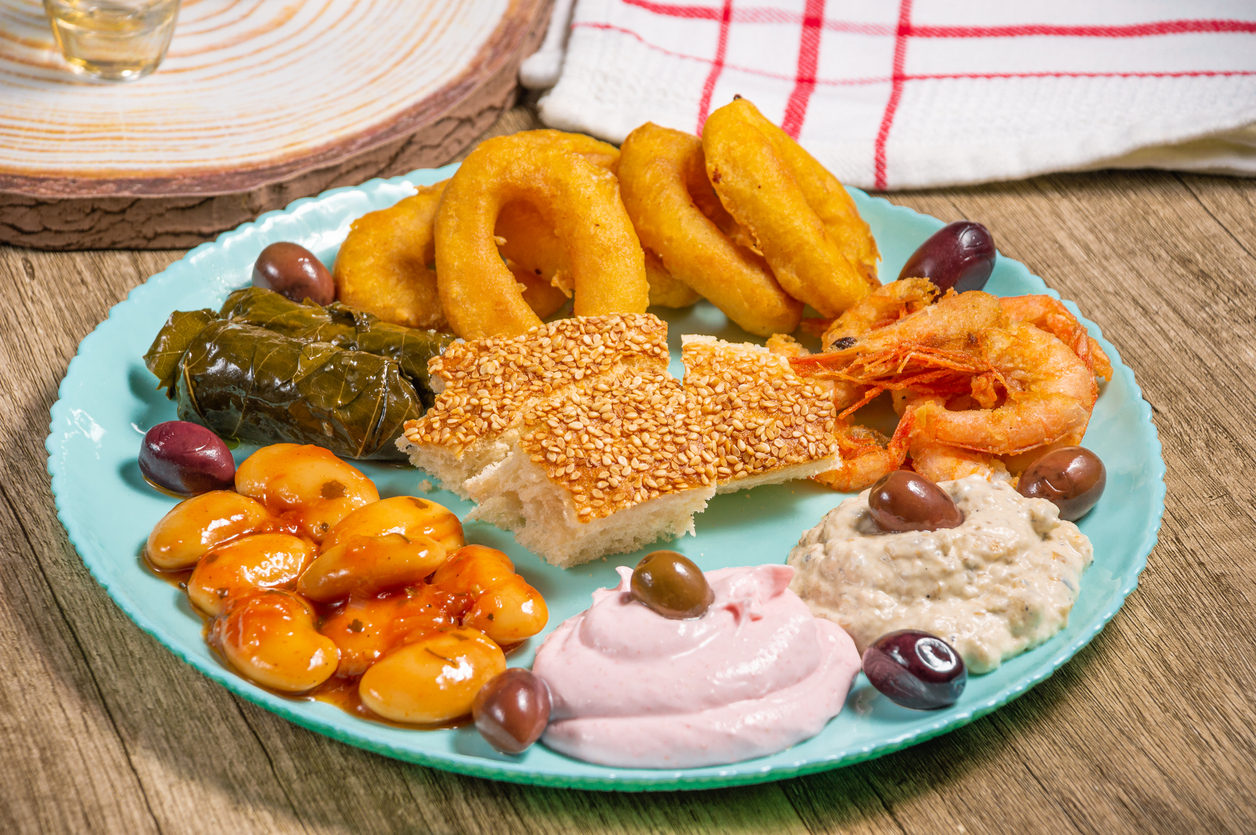 Greek traditional fasting food .Olives,beans,seafoods,traditional salads and bread lagana