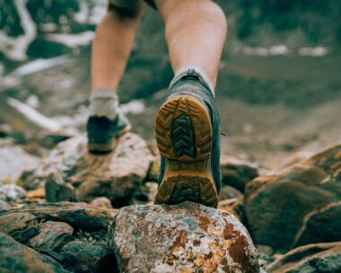 Mens foot steps in the mountains