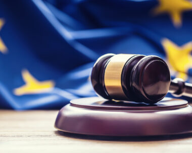 Judges wooden gavel with EU flag in the background