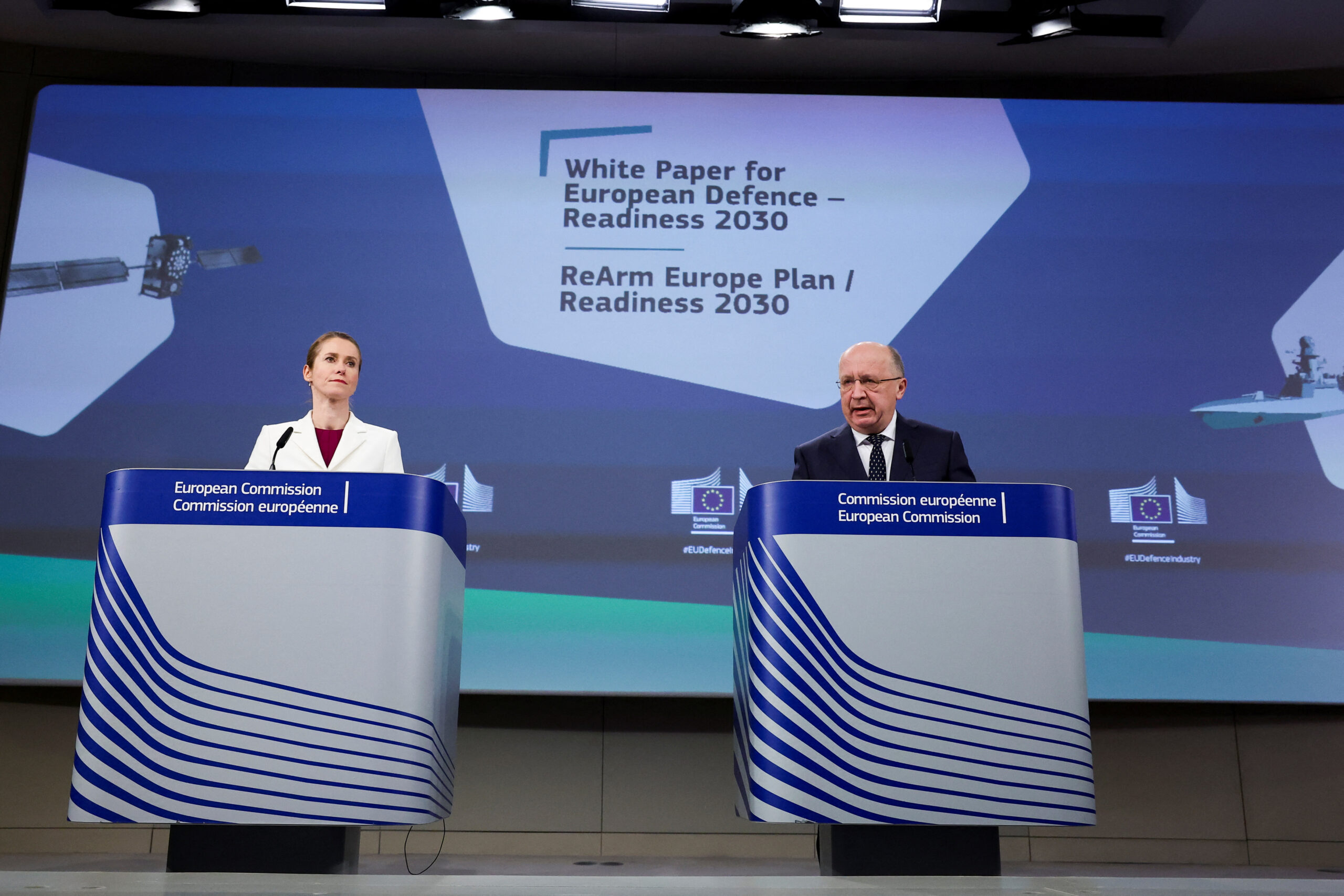Η Ύπατη Εκπρόσωπος για θέματα Εξωτερικής Πολιτικής και Πολιτικής Ασφάλειας και Αντιπρόεδρος της Ευρωπαϊκής Επιτροπής Κάγια Κάλλας και ο Ευρωπαίος Επίτροπος Άμυνας και Διαστήματος Άντριους Κουμπίλιους παρουσιάζουν τη Λευκή Βίβλο για το μέλλον της ευρωπαϊκής άμυνας