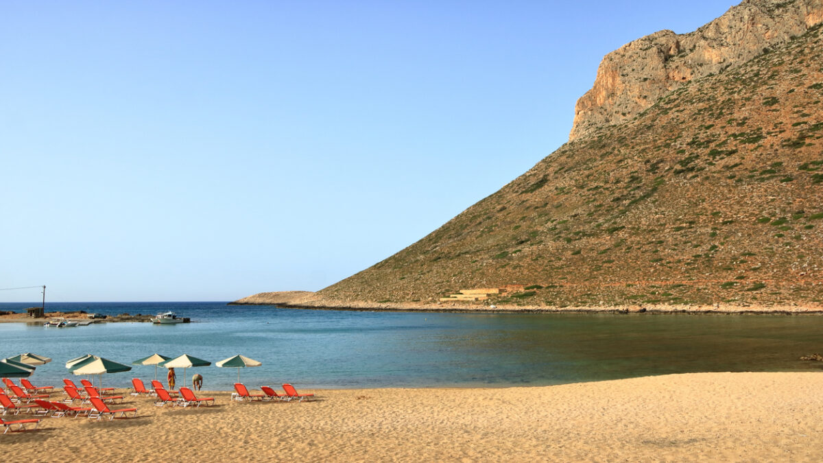 Stavros, Crete island / Greece - May 27 2019: Photo from the famous beach of Zorba the Greek in Stavros on crete