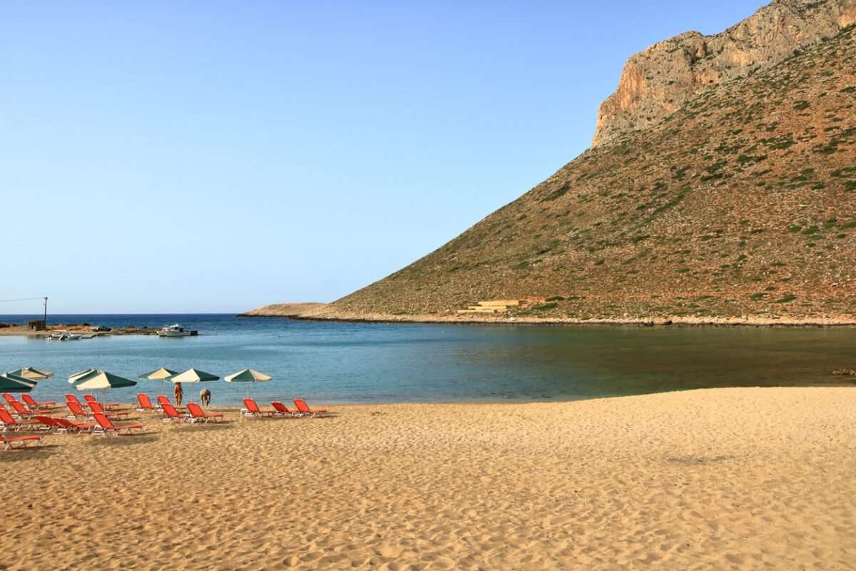 Stavros, Crete island / Greece - May 27 2019: Photo from the famous beach of Zorba the Greek in Stavros on crete