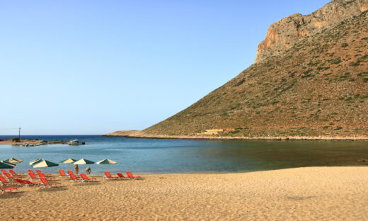 Stavros, Crete island / Greece - May 27 2019: Photo from the famous beach of Zorba the Greek in Stavros on crete