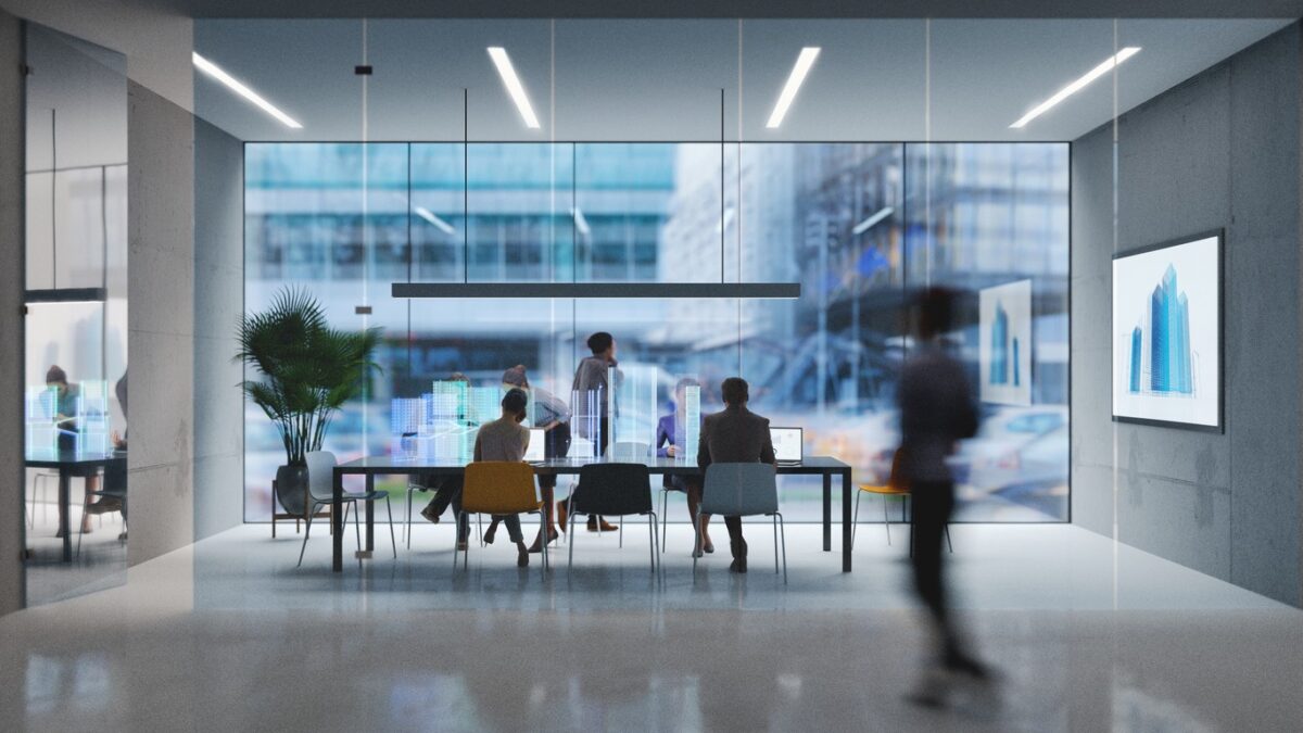 Group of people working in a modern board room