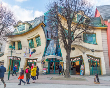 Sopot, Poland - January 16, 2020: Famous building Crooked House in Sopot at Heroes of Monte Cassino street.