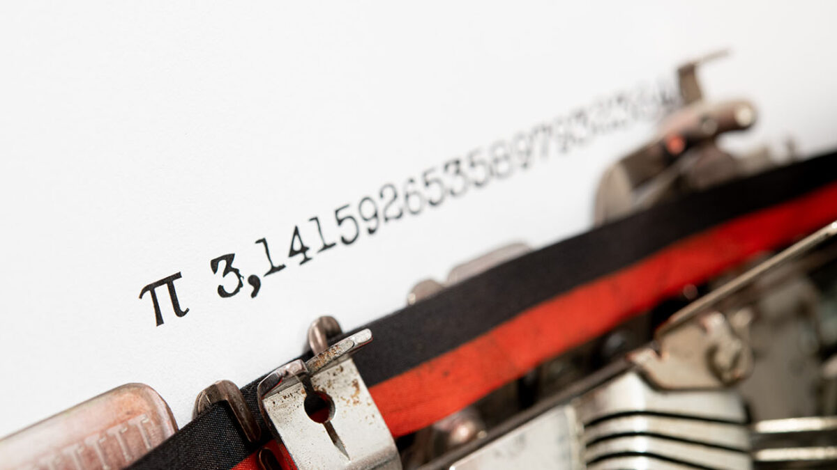Pi irrational number endless defocused view on paper typewriter, Pi day symbol