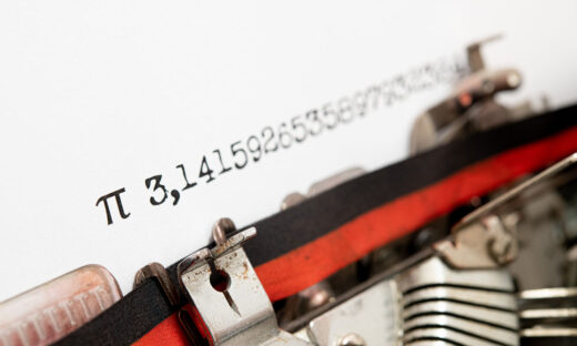 Pi irrational number endless defocused view on paper typewriter, Pi day symbol