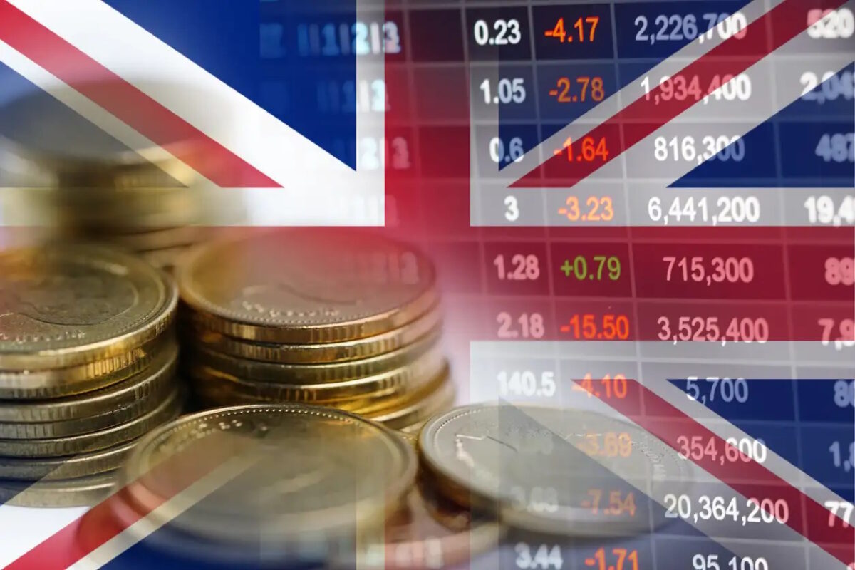 Stock market investment trading financial, coin and United Kingdom England flag or Forex for analyze profit finance business trend data background