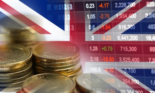 Stock market investment trading financial, coin and United Kingdom England flag or Forex for analyze profit finance business trend data background
