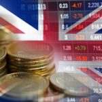 Stock market investment trading financial, coin and United Kingdom England flag