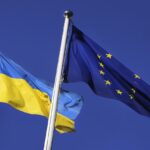 Flags of Ukraine and European Union EU