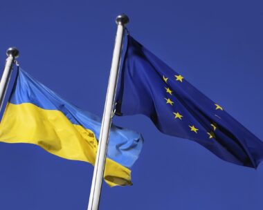 Flags of Ukraine and European Union EU
