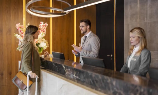 Male hotel receptionist assisting female guest