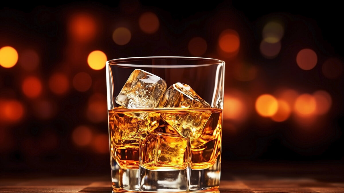 Whiskey with ice cubes in glass on background of lights.