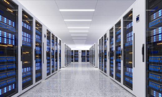 Shot of Data Center With Multiple Rows of Fully Operational Server Racks
