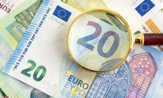 Magnifying glass on 20 euro banknote
