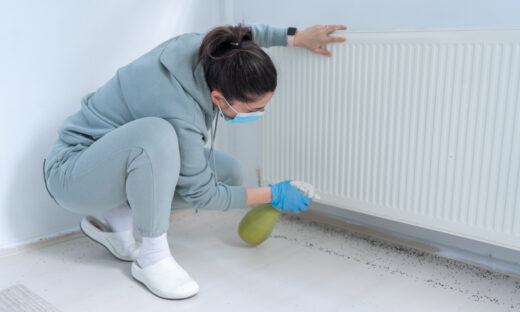 Woman Spraying Insecticide With Sprayer At Home