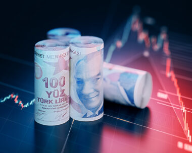 Turkish Lira bills over financial chart background