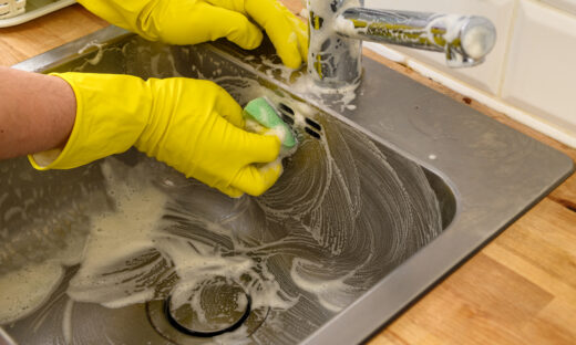 Scrub, clean the sink with baking soda and vinegar, clean the house