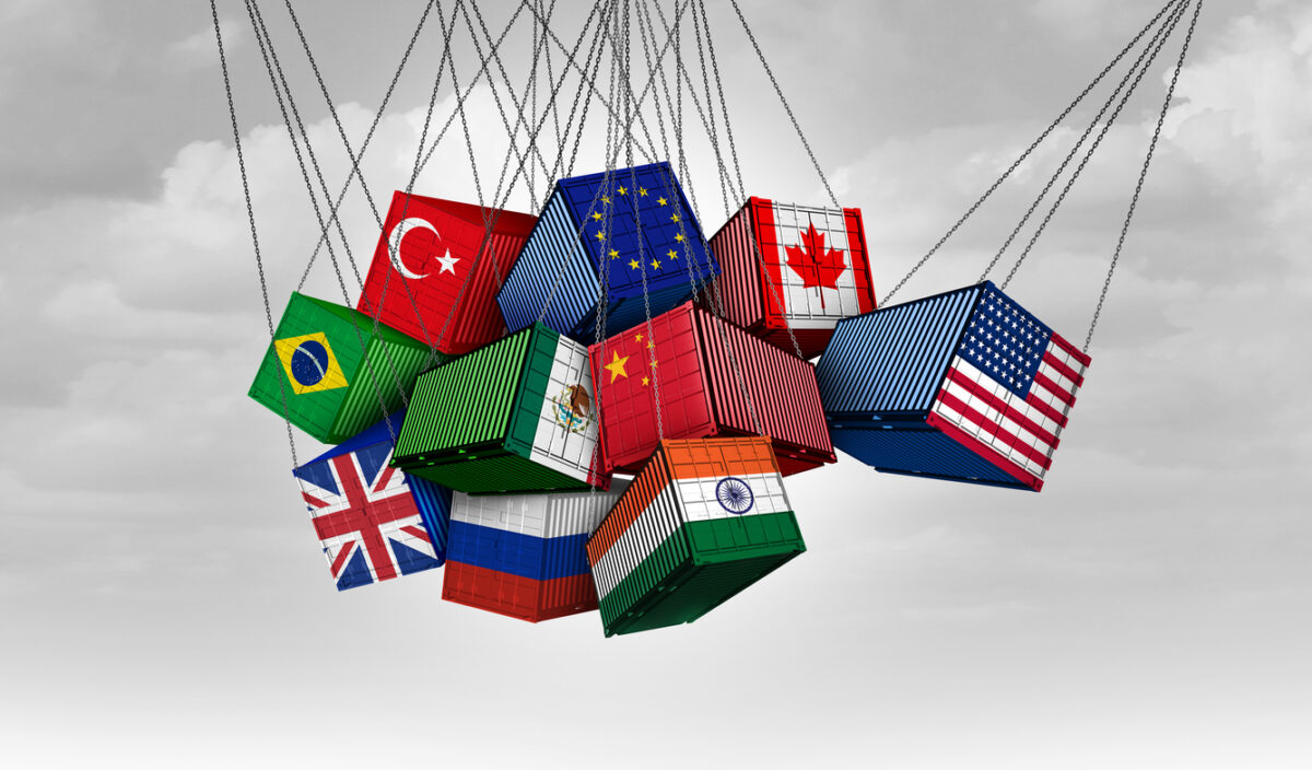 USA versus China India Canada and European union as American tariffs with opposing cargo freight containers in conflict as an economic dispute over import and exports