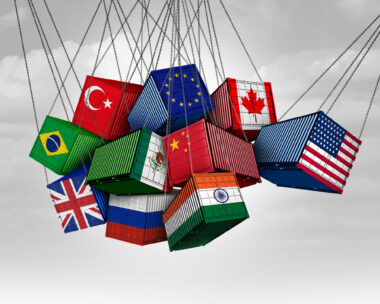 USA versus China India Canada and European union as American tariffs with opposing cargo freight containers in conflict as an economic dispute over import and exports