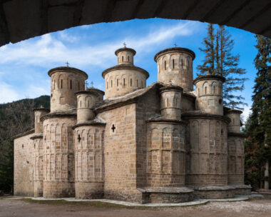 Doliana, Greece- December 18, 2011: The famous Church of Holy Cross with its 13 domes in Thessaly