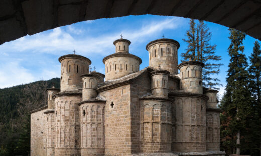 Doliana, Greece- December 18, 2011: The famous Church of Holy Cross with its 13 domes in Thessaly