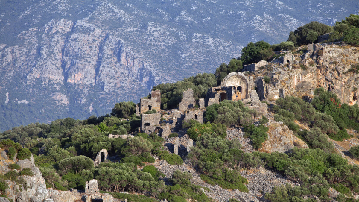 Gemiler Island with church of St. Nicholas, Fethiye, Turkey