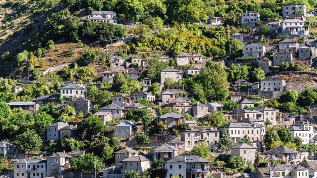 Panoramic view of Traditional Village Syrrako in National Park of Tzoumerka, Greece Epirus