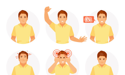 Signs of stroke dizziness, speech disorder, numbness, headache, coordination disorder Vector illustration