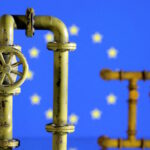 Model of natural gas pipeline and EU flag