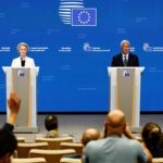 Η πρόεδρος της Ευρωπαϊκής Επιτροπής Ούρσουλα Φον ντερ Λάιεν και ο πρόεδρος του Ευρωπαϊκού Συμβουλίου Αντόνιο Κόστα σε συνέντευξη Τύπου στις Βρυξέλλες