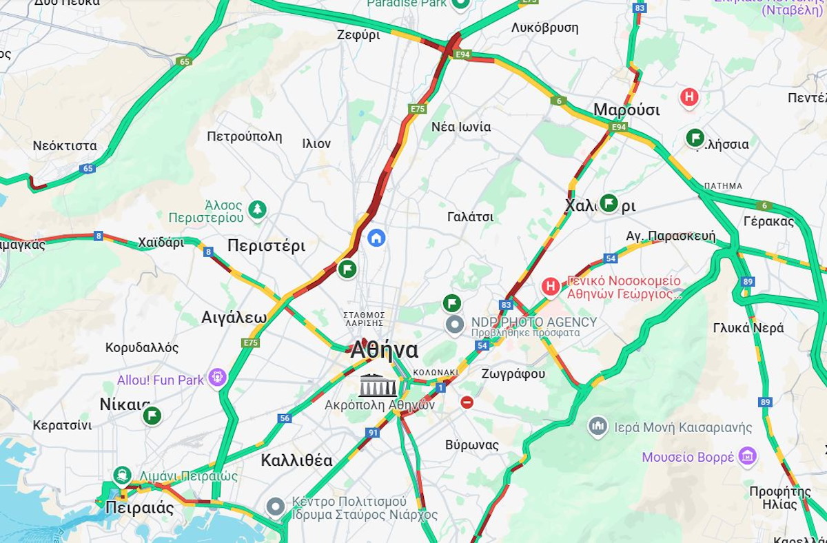 Χάρτης αποτυπώνει την κίνηση στους δρόμους της Αττικής