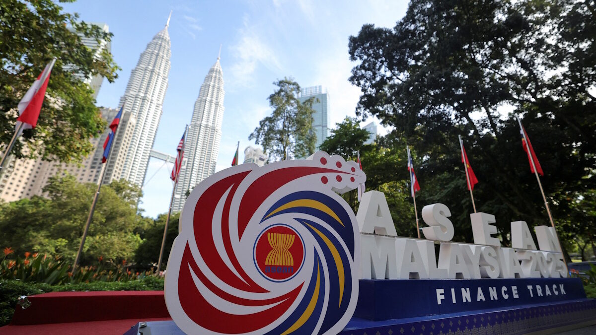 The ASEAN logo is displayed outside the venue of the ASEAN Finance Ministers' and Central Bank Governors' Meeting