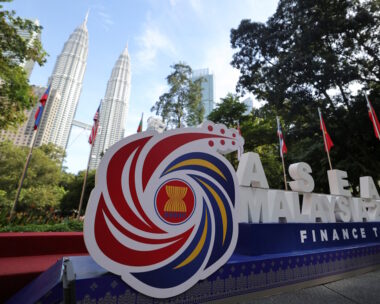 The ASEAN logo is displayed outside the venue of the ASEAN Finance Ministers' and Central Bank Governors' Meeting
