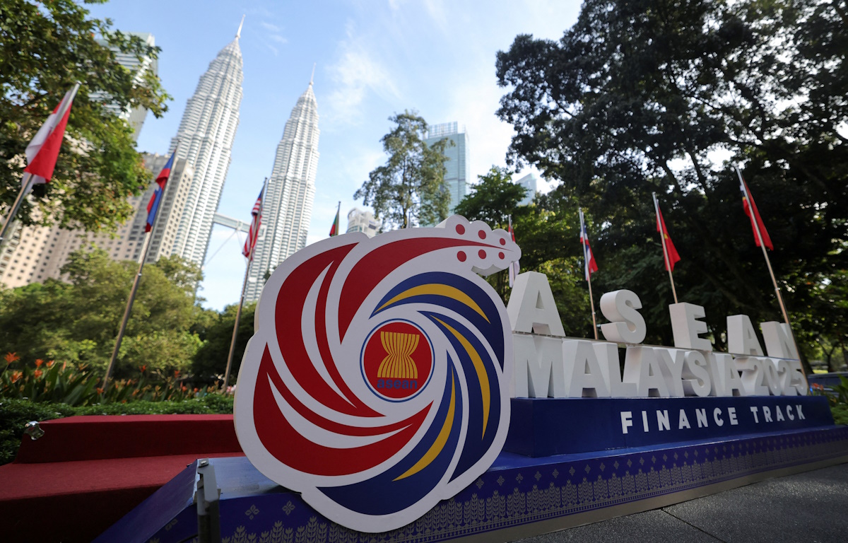 The ASEAN logo is displayed outside the venue of the ASEAN Finance Ministers' and Central Bank Governors' Meeting